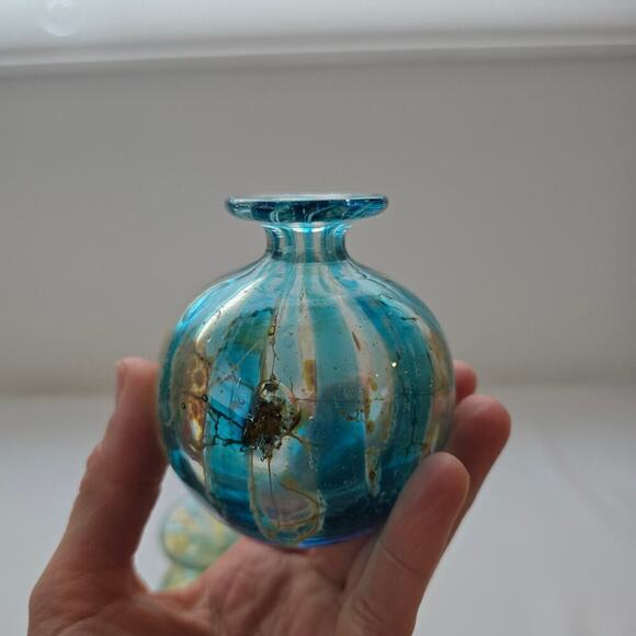 Mdina Two Mini Glass Vases Maltese Art Crystal Blue Stripe Crizzle 1970's MCM - Picture 14 of 16